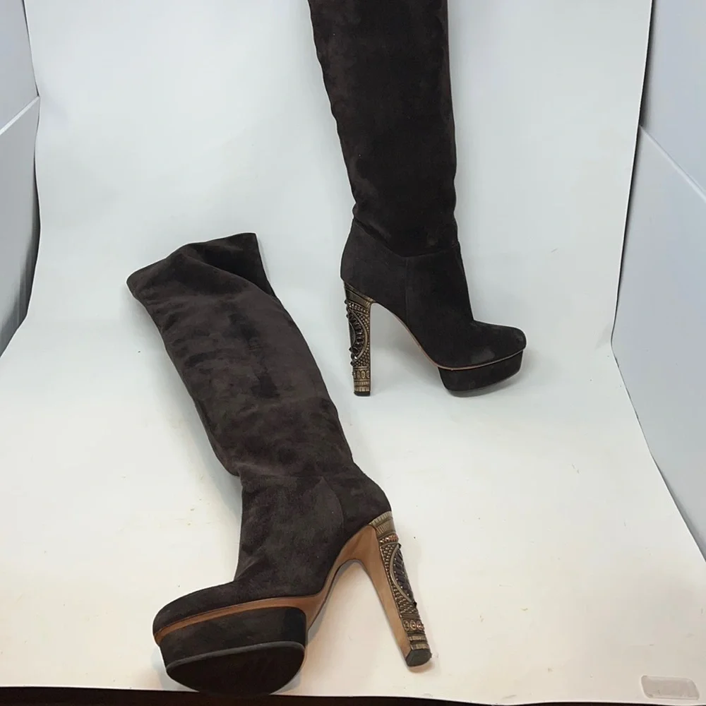 Le Silla 39/US 9 Brown Suede Metal Crystal Embellished Platform Tall Boots